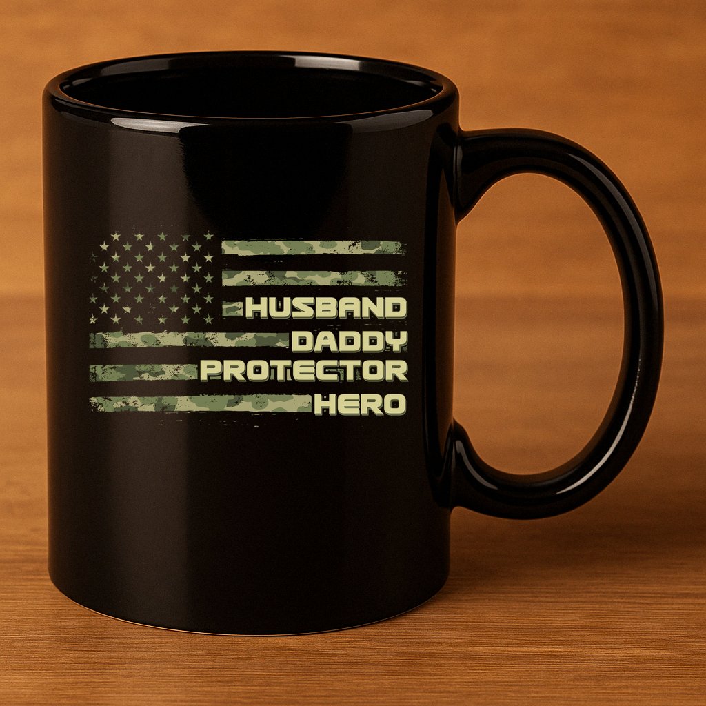 Husband Daddy Protection Hero US American Camo Flag 11oz C Handle Ceramic Mug