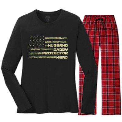 Husband Daddy Protection Hero US American Camo Flag Women's Long Sleeve Flannel Pajama Set 