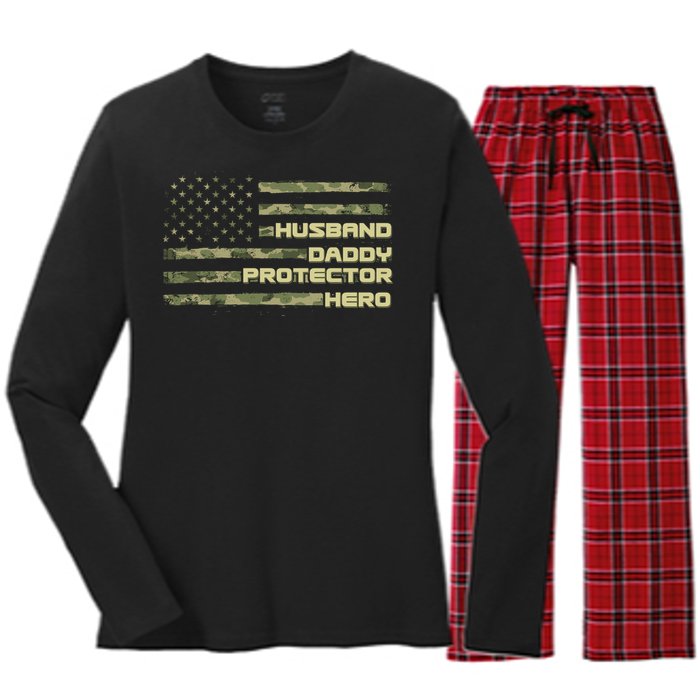 Husband Daddy Protection Hero US American Camo Flag Women's Long Sleeve Flannel Pajama Set 