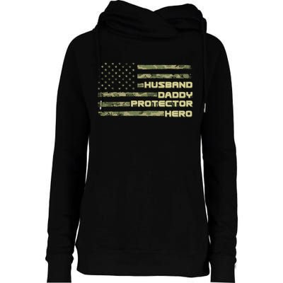 Husband Daddy Protection Hero US American Camo Flag Womens Funnel Neck Pullover Hood