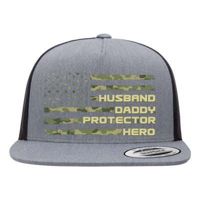 Husband Daddy Protection Hero US American Camo Flag Flat Bill Trucker Hat