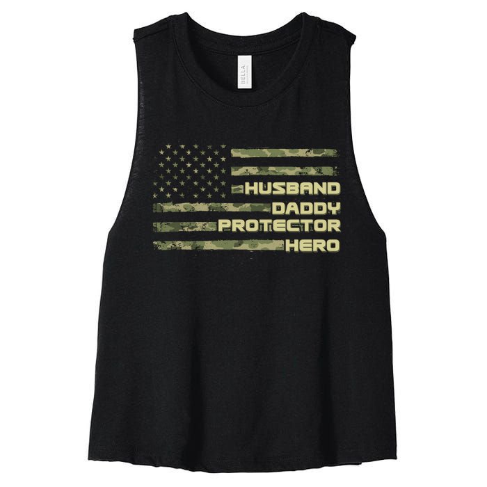 Husband Daddy Protection Hero US American Camo Flag Women's Racerback Cropped Tank