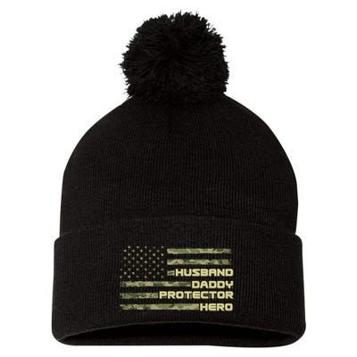 Husband Daddy Protection Hero US American Camo Flag Pom Pom 12in Knit Beanie
