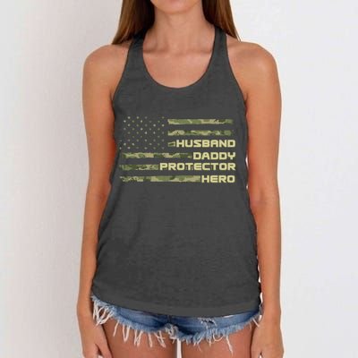 Husband Daddy Protection Hero US American Camo Flag Women's Knotted Racerback Tank