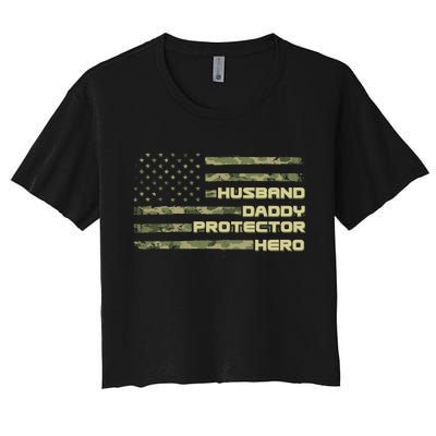 Husband Daddy Protection Hero US American Camo Flag Women's Crop Top Tee