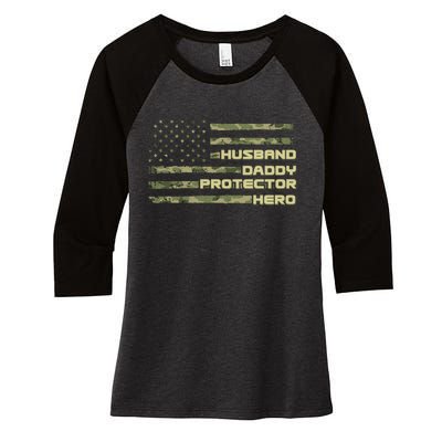 Husband Daddy Protection Hero US American Camo Flag Women's Tri-Blend 3/4-Sleeve Raglan Shirt