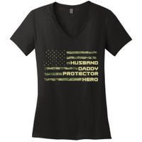 Husband Daddy Protection Hero US American Camo Flag Women's V-Neck T-Shirt