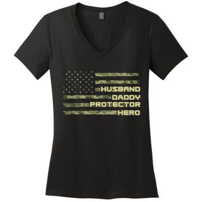 Husband Daddy Protection Hero US American Camo Flag Women's V-Neck T-Shirt