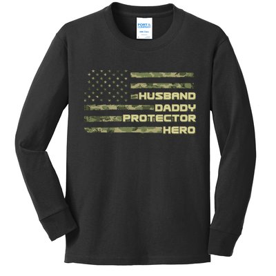 Husband Daddy Protection Hero US American Camo Flag Kids Long Sleeve Shirt