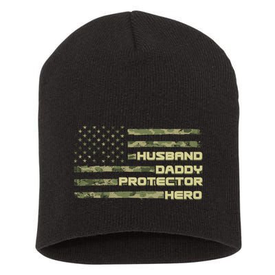 Husband Daddy Protection Hero US American Camo Flag Short Acrylic Beanie