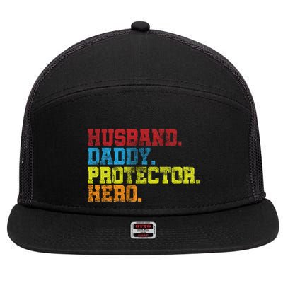 Husband Daddy Protector Hero Distressed 7 Panel Mesh Trucker Snapback Hat