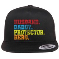 Husband Daddy Protector Hero Distressed Flat Bill Trucker Hat