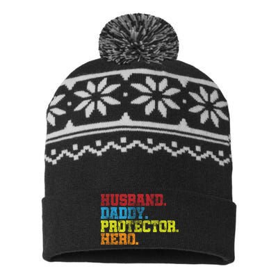 Husband Daddy Protector Hero Distressed USA-Made Snowflake Beanie