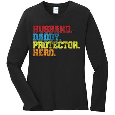 Husband Daddy Protector Hero Distressed Ladies Long Sleeve Shirt