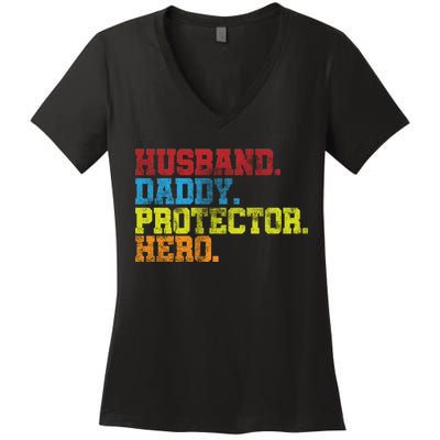 Husband Daddy Protector Hero Distressed Women's V-Neck T-Shirt