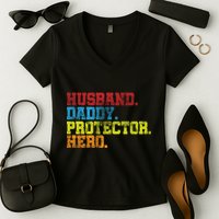 Husband Daddy Protector Hero Distressed Women's V-Neck T-Shirt