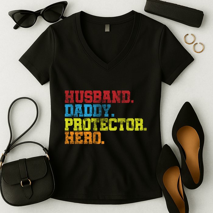 Husband Daddy Protector Hero Distressed Women's V-Neck T-Shirt