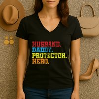 Husband Daddy Protector Hero Distressed Women's V-Neck T-Shirt