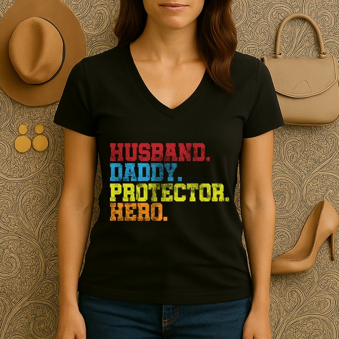 Husband Daddy Protector Hero Distressed Women's V-Neck T-Shirt