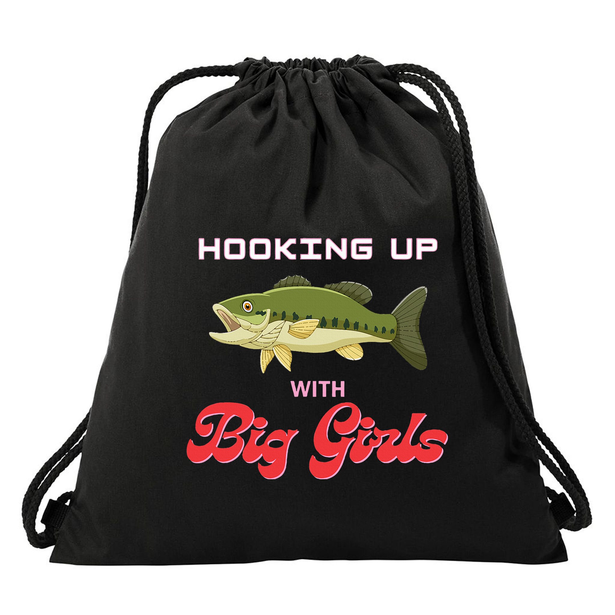 Hooking up with big  bass fishing funny Drawstring Bag