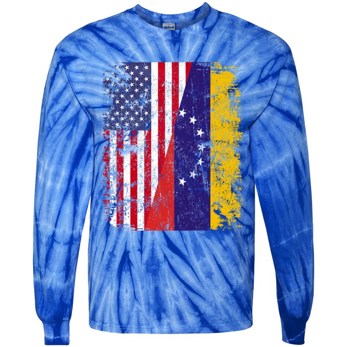 Half Venezuelan American Flags Venezuela Usa Vintage Cute Gift Tie-Dye Long Sleeve Shirt