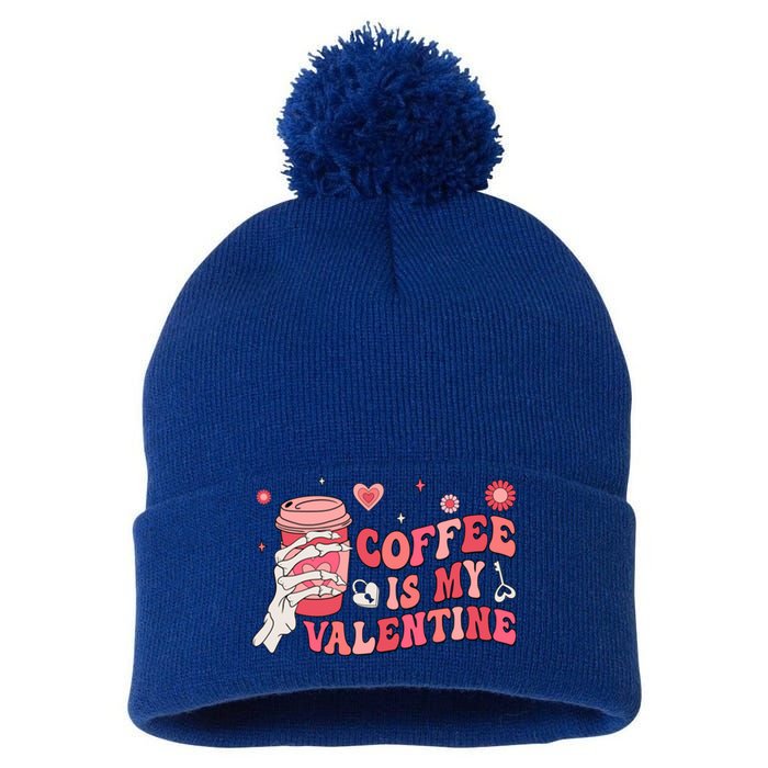 Happy Valentines Day Coffee Is My Valentines Groovy Skull Funny Gift Pom Pom 12in Knit Beanie