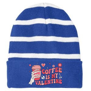 Happy Valentines Day Coffee Is My Valentines Groovy Skull Funny Gift Striped Beanie with Solid Band