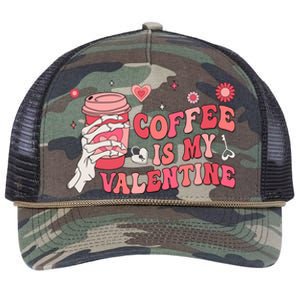 Happy Valentines Day Coffee Is My Valentines Groovy Skull Funny Gift Retro Rope Trucker Hat Cap