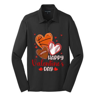 Happy Valentines Day Basketball Baseball Football  Silk Touch Performance Long Sleeve Polo