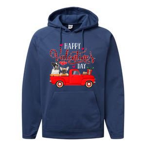 Happy Valentine's Day Funny Plaid Red Truck French Bulldog Funny Gift Performance Fleece Hoodie