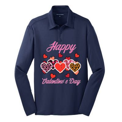 Happy Valentines Day Leopard Plaid Hearts Wo Girl Silk Touch Performance Long Sleeve Polo