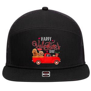 Happy Valentine's Day Funny Red Plaid Truck Poodle Lover Gift 7 Panel Mesh Trucker Snapback Hat