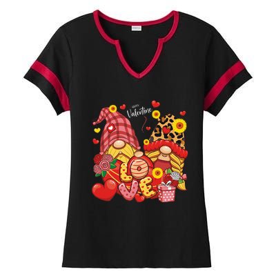 Happy Valentines Day Gnomes Leopard With Sunflower Valentine Ladies Halftime Notch Neck Tee