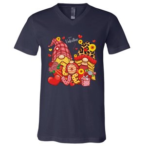 Happy Valentines Day Gnomes Leopard With Sunflower Valentine V-Neck T-Shirt