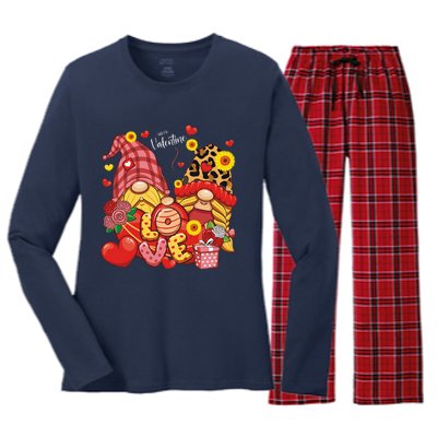 Happy Valentines Day Gnomes Leopard With Sunflower Valentine Women's Long Sleeve Flannel Pajama Set 