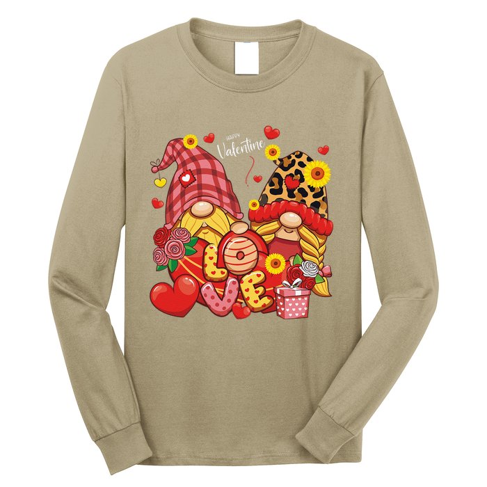 Happy Valentines Day Gnomes Leopard With Sunflower Valentine Long Sleeve Shirt