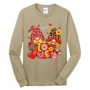 Happy Valentines Day Gnomes Leopard With Sunflower Valentine Tall Long Sleeve T-Shirt