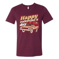 Happy Valentine's Day Vintage Car V-Neck T-Shirt