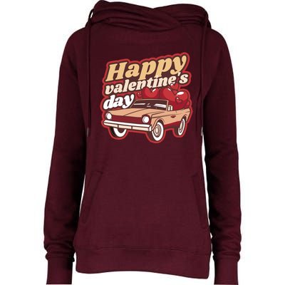 Happy Valentine's Day Vintage Car Womens Funnel Neck Pullover Hood