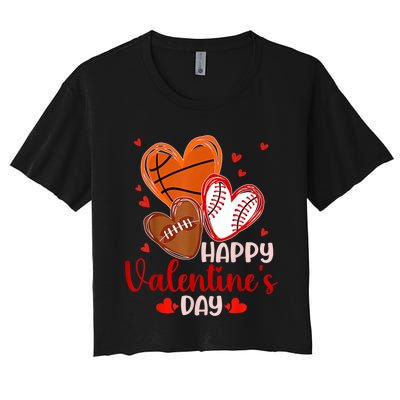 Happy Valentines Day Basketball Baseball Football Women's Crop Top Tee