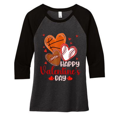 Happy Valentines Day Basketball Baseball Football Women's Tri-Blend 3/4-Sleeve Raglan Shirt