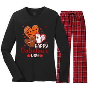 Happy Valentines Day Basketball Baseball Football Women's Long Sleeve Flannel Pajama Set 