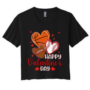 Happy Valentines Day Basketball Baseball Football Women's Crop Top Tee