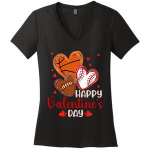 Happy Valentines Day Basketball Baseball Football Women's V-Neck T-Shirt