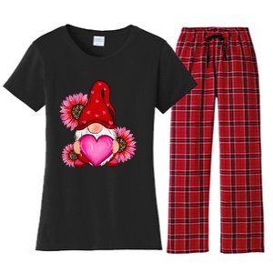 Happy ValentineS Day Gnome With Leopard Sunflower Valentine Women's Flannel Pajama Set