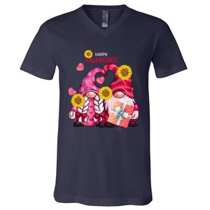 Happy Valentines Day Gnomes With Leopard Sunflower Gnome V-Neck T-Shirt