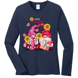 Happy Valentines Day Gnomes With Leopard Sunflower Gnome Ladies Long Sleeve Shirt