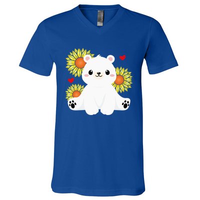 Happy Valentine's Day Polar Bear Sunflower Heart Valentine Great Gift V-Neck T-Shirt