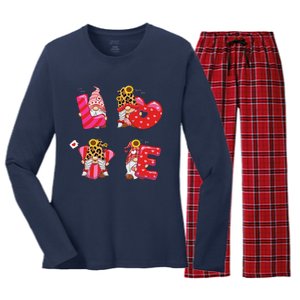 Happy Valentines Day Gnomes With Leopard Sunflower Valentine Cute Day Love Women's Long Sleeve Flannel Pajama Set 