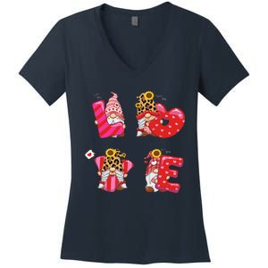 Happy Valentines Day Gnomes With Leopard Sunflower Valentine Cute Day Love Women's V-Neck T-Shirt